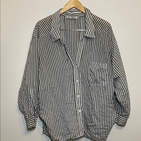 Zara Women’s Oversized Striped Shirt Grey/White M - Picture 1 of 5